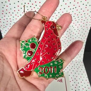 Danbury Mint 2011 Cardinal Bird Christmas Ornament Red Green‎ Gold Tone Crystals